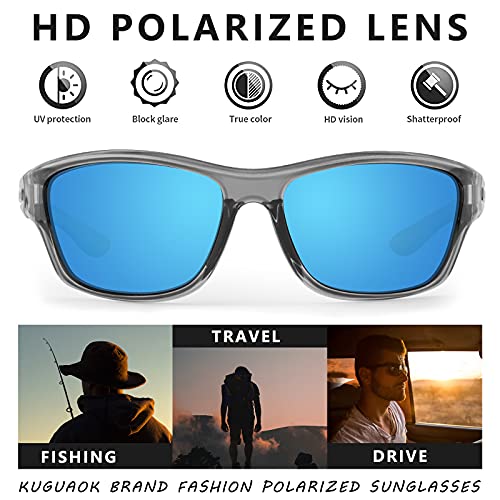 Image of KUGUAOK Polarized Sports Sunglasses for Men Driving Cycling Fishing Sun Glasses 100% UV Protection Goggles, Clear Gray Frame Blue Mirror, 0