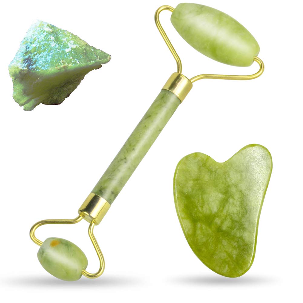 Gua Sha Facial Tools Set and Jade Roller for Face, Jade Roller, DSENFURN 100% Real Natural Stone Beauty Jade Facial Roller Massage Tool for Face Eyes Neck Body – Anti Aging Beauty Treatment
