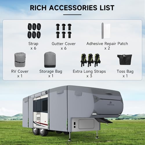 Image of 5th Wheel Cover: Fits 40'-44', Extra-Thick 7 Layers Top, Heavy Duty Anti-UV Waterproof 5th Wheel Cover, with 3 Pcs Windproof Extra Straps