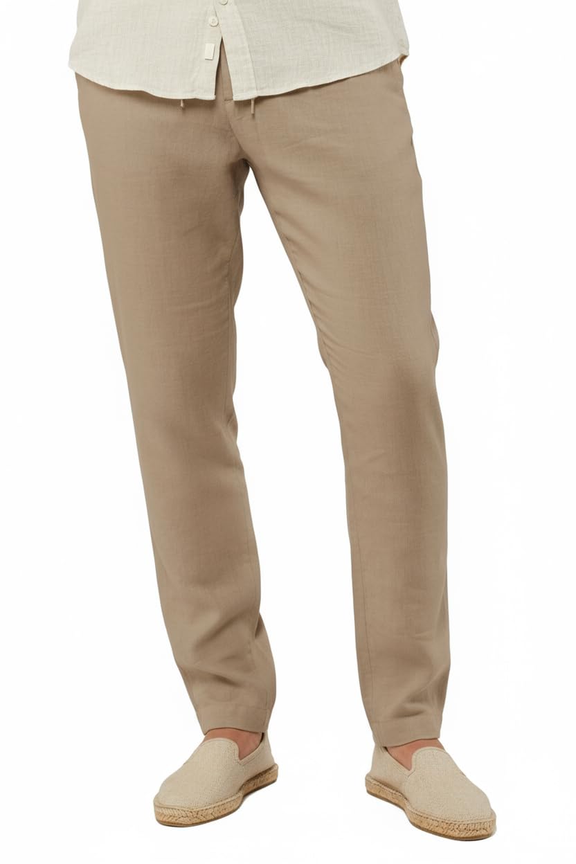Cholp 100 Linen Dress Casual Resort Pants for Men Relaxed Fit Drawstring Summer Trousers Rich Famous Collection