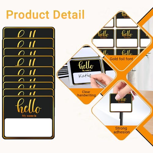 Image of 180 PCS Hello My Name is Name Tag, Gold Foil Name Tags Sticker, 2.5 x 3 Inch Large Name Labels, Black Adhesive Name Tag Labels for Business, Party - Office, School, Home