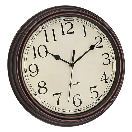 Image of Foxtop 14 Inch Wall Clock Battery Operated Silent Non-Ticking Round Classic Vintage Retro Wall Clock Decorative for Living Room Kitchen Home Office (Bronze)