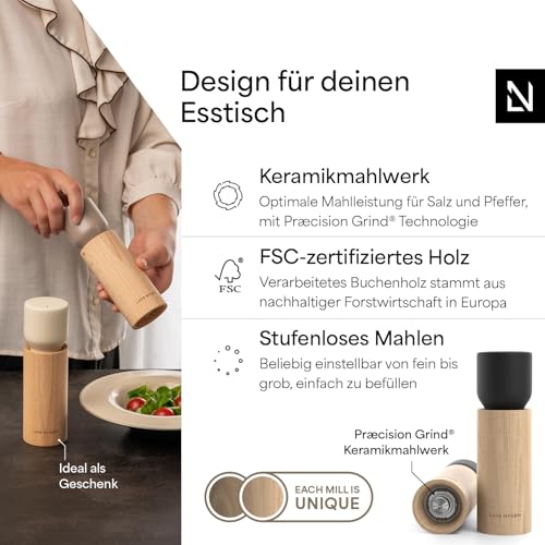 LARS NYSØM Salz und Pfeffermühle Holz Set - Manuelle Mühlen Keramikmahlwerk – Ansicht 2