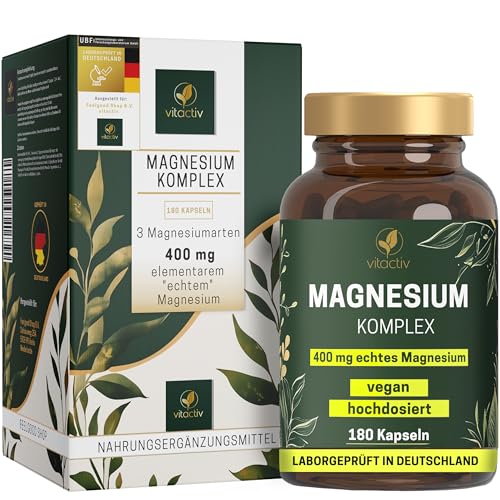 VITACTIV Magnesium Komplex - 180 Kapseln, Vegan - 400mg echtes elementares Magnesium pro Portion - Triple Complex aus organischem Magnesiumcitrat, Magnesiumoxid und Magnesiumcarbonat