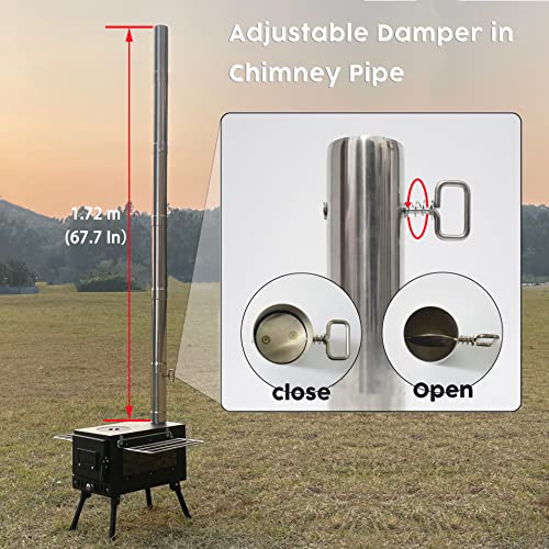 Camping Wood Stove, Tent Heater Small Wood Burning Stove With Chimney Pipes, Large Side Window Portable Hot Tent Camp Stove, Heat Resistant Glass & Gloves For Heating Cooking Camping Hunting Outdoor #TOP2