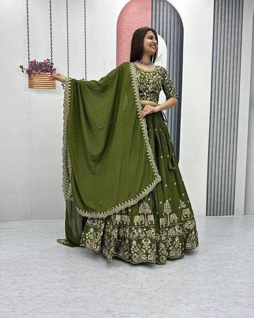 Image of Suppar Sleave Women's Embroidered Vichitra Silk Lehenga Choli Dupatta Set Semi-Stitched Blouse and Fit & Flare Style