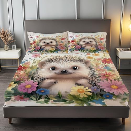 Fitted Sheet Twin Size, Card Watercolor Hedgehog Bedding Set, Boys Girls Adults Bedroom Decor, Soft Bed Sheets Microfiber Wrinkle and Fade Resistant Colorful