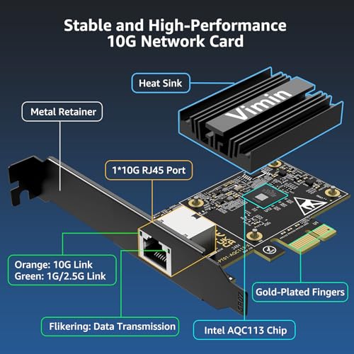Image of 10G PCIE4.0x1 Network Card, Marvel AQC113 Controller, VIMIN 10Gb Base-T Ethernet Adapter Card Compatible with PCI Express X1,X4,X8,X16, 10G NIC RJ45 Port Support Windows /Windows Server /Linux /VMware