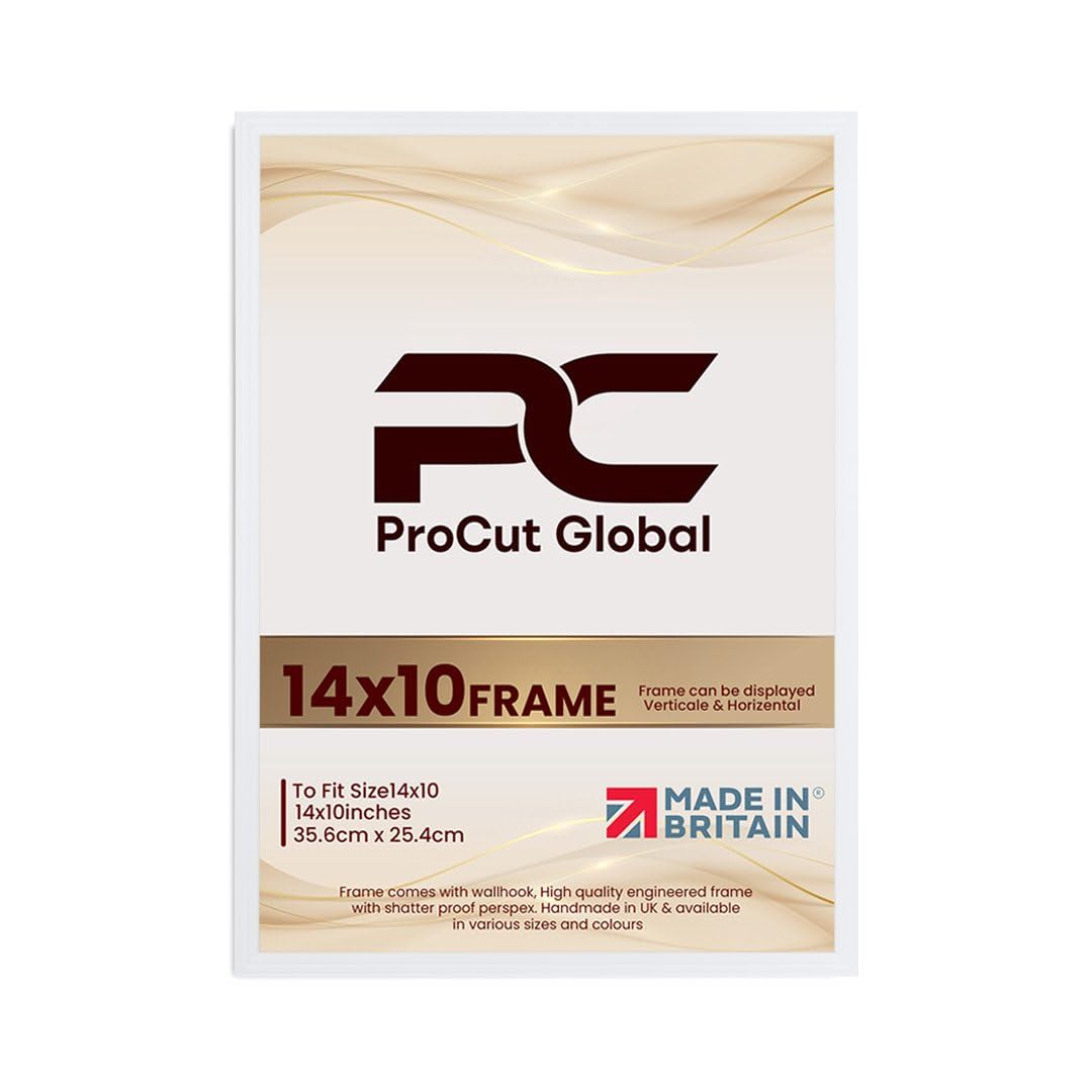 Procut Global 14X10 White Picture Frames - Classic Wooden Photo Frame with Shatterproof Perspex for Wall or Tabletop - Perfect for Posters, Certificates & Prints - Sizes & Colors Available
