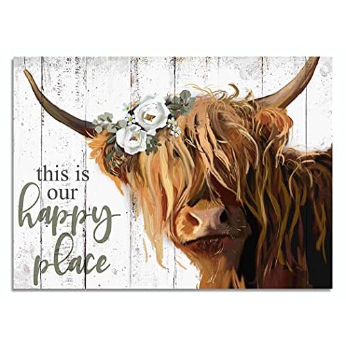 Highland Cow Wall Art - This Is Our Happy Place Inspirational Canvas Poster for Home - Long Haired Scottish Cow with White Flower Picture Farmhouse Kitchen Decor Framed (10"x15") Highland Co