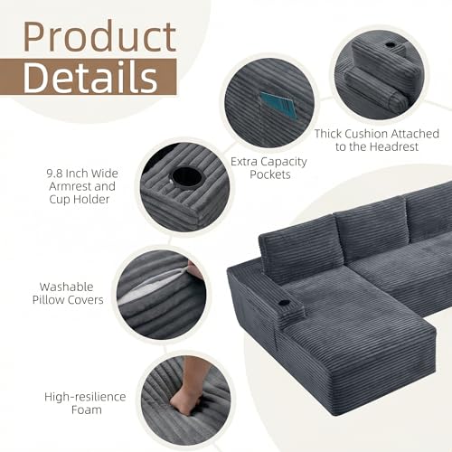 Image of 104 inch L Shaped Boneless Sectional Couches for Living Room, Comfy Corduroy Floor Cloud Sofa with Chaise and Cup Holder, Wide Armrest, Deep Seat, Assembly Free, Ideal for Small Spaces, Grey