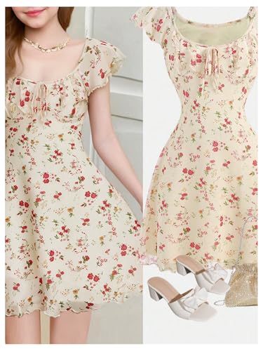 SweatyRocks Girl's Floral Print Mesh Summer Dresses Tie Front Ruffle Sleeve A Line Short Dress3