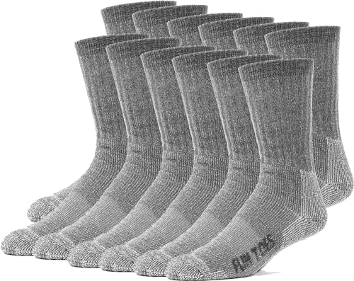 FUN TOES Calcetines de lana merino para hombre, botas de senderismo, térmicos, cálidos, acolchados, 6 pares, Gris, 8-12
