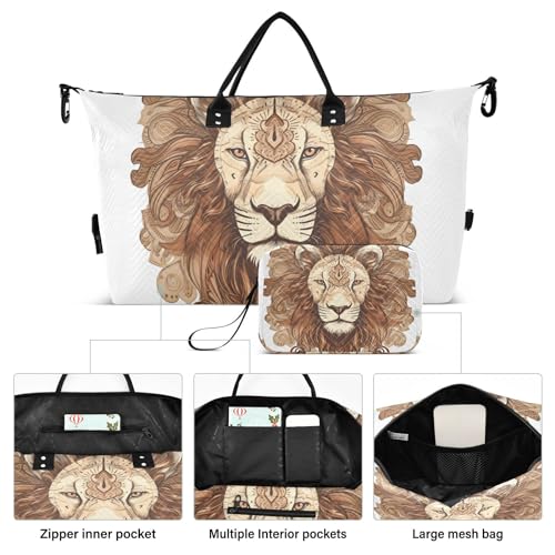 Large Travel Duffel Bag, Retro Lion Face Ethnic Sports Tote Gym Bag, Shoulder Weekender Overnight Bag for Women Men, Carry On Luggage with Toiletry Bags2