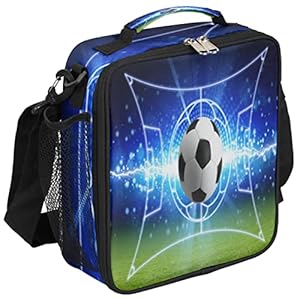 Soccer Football Kids Lunch Box Soccer Sport Insulated Lunch Bag Tote for Girls Boys, Cooler Freezable Meal Prep Bag with Shoulder Strap Waterproof Lunch Container for School Office Picnic
