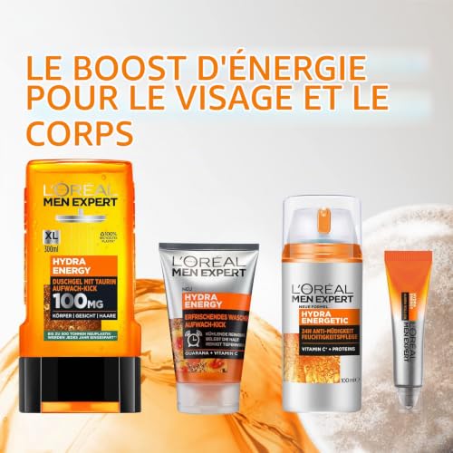 L'Oréal Men Expert - Soin Hydratant Anti-Fatigue 24H pour Homme - Hydrate & Illumine - Concentré en Vitamine C Pure 10% - Usage Quotidien - Hydra Energetic - Format XXL - 100 ml