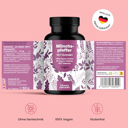 Mönchspfeffer hochdosiert - 400 Tabletten - 20mg pro Tablette - 10:1 Extrakt aus Original Agnus Castus - Nahrungsergänzungsmittel- Vegan und produziert in Deutschland Laborgeprüft