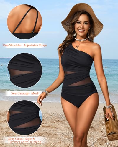 Aqua Eve Women Mesh One Piece Swimsuit - Tummy Control One Shoulder Bathing Suit Cut Out Swimwear 2026 Black Large