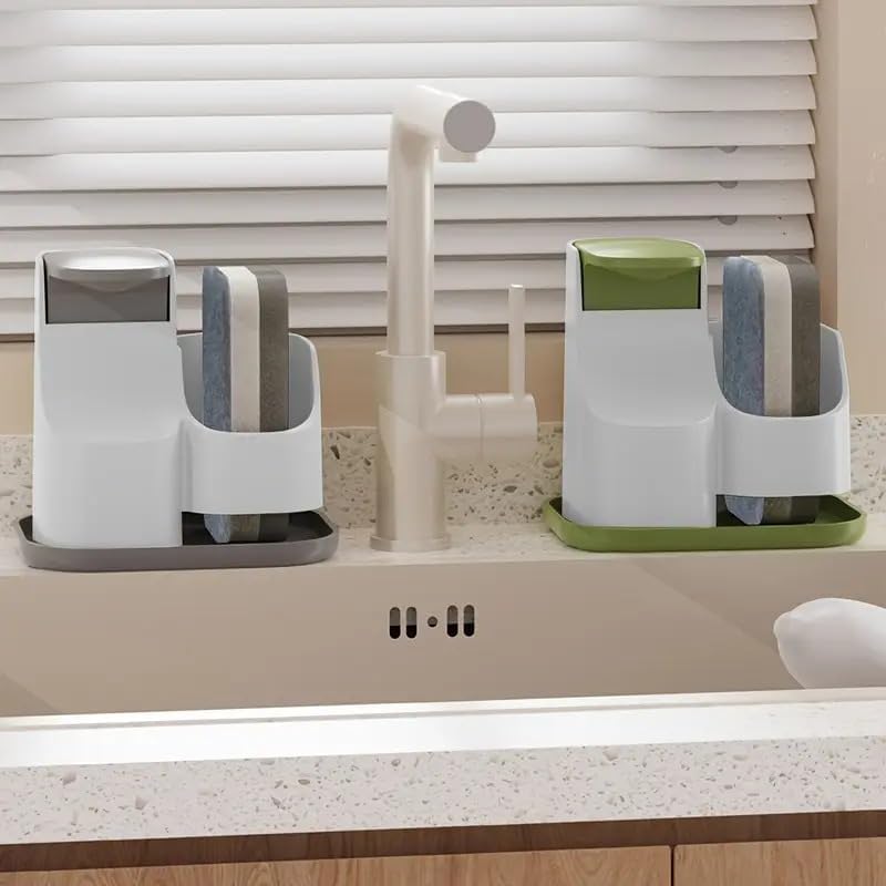Image of 2 in 1 Dish Soap Dispenser with Caddy & Sponge Holder | Kitchen Sink Caddy Organizer with Soap Pump | Countertop Soap Caddy | Drain Tray for Sponges /Brushes & Scrub Pads