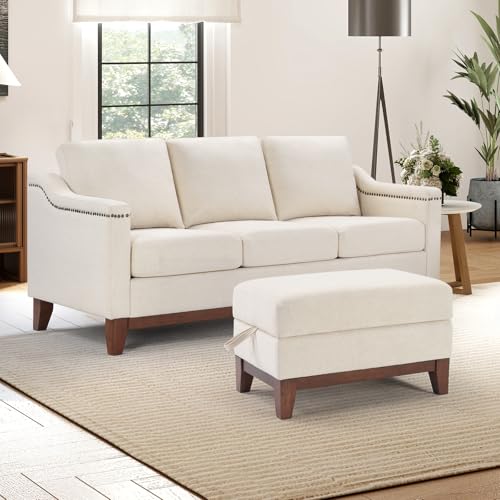 Image of 2 Piece Chenille Sofa Set with Nailhead Trim, Included 3-Seater Sofa Couches with Thicked Cushion and Upholstered Storage Ottoman with Flip-Top Table, Living Room Furniture Set,Beige