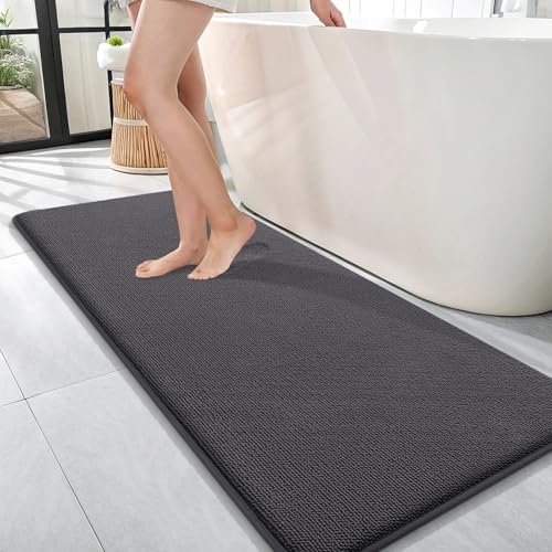 Image of OLANLY Thick Memory Foam Bathroom Runner Rugs 47x17, Extra Soft Absorbent Long Bath Rug, Quick Dry, Non-Slip, Machine Washable Bath Mats for Bathroom, Tub and Shower, Home Decor Accessories, Dark Grey