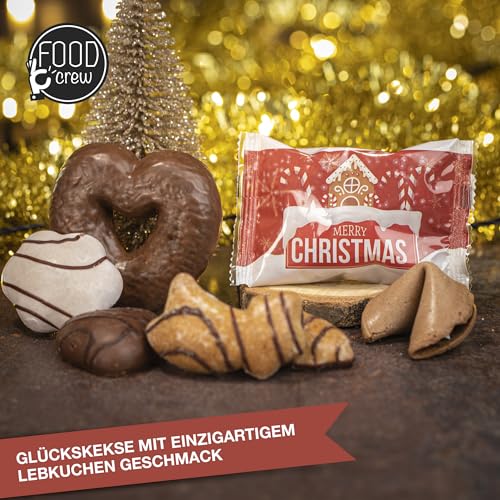 FOOD crew 30x Weihnachtsglückskekse mit Lebkuchen Geschmack – Glückskekse - Süßigkeiten Weihnachten - Gebäck Einzeln Verpackt mit deutschen Sprüchen - Vegan - Made in Germany