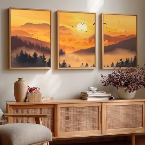 Image of kotart Big Aesthetic Sunset View Wall Art Paintings | Mountains Landscape Framed Painting | Vastu Frames for Living Room Bedroom Wall Decor Set Of 3 (13X17 inch)