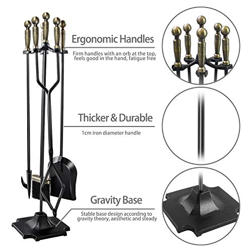 WBHome Fireplace Tool Set 5 Piece Rustic Heavy Duty Compact Wrought Iron Fire Place Tools Set with Pedestal Place, 32 inch(Brass Handle) - Thumbnail 5