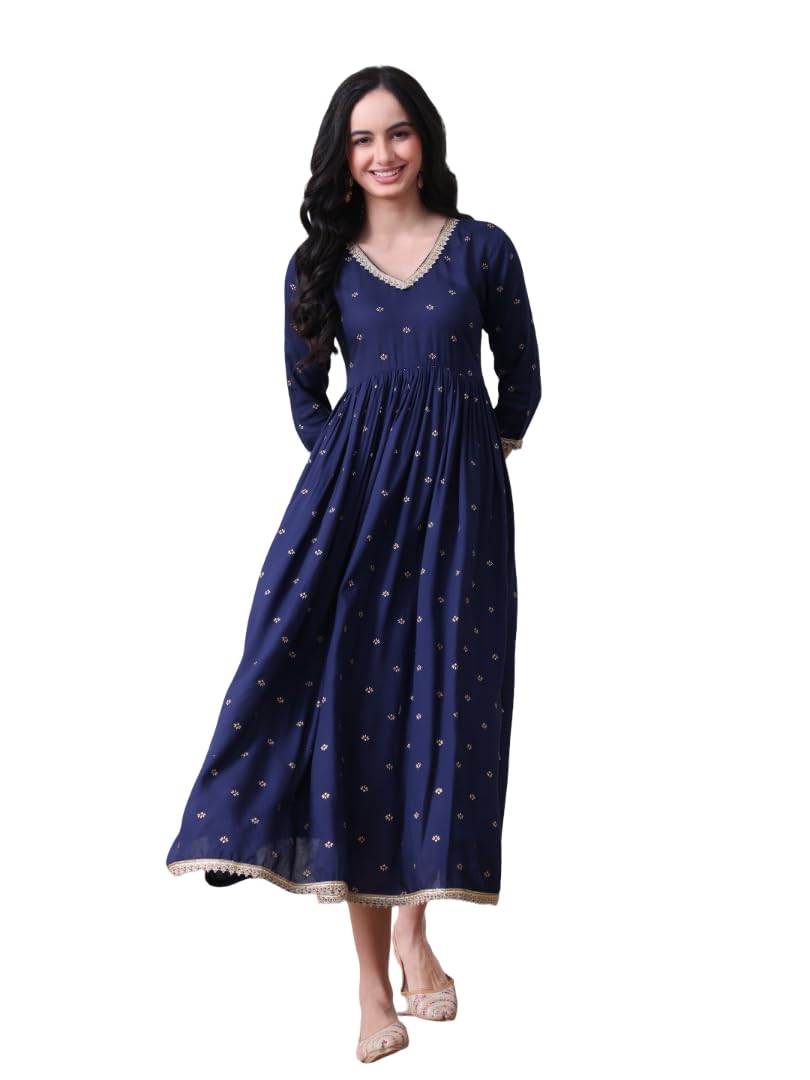 amazon brand - tavasya Women Anarkali Kurta in Rayon Fabric | Printed Ethnic Design | 3/4 Sleeve Flowy Fit for Daily and Occasion Wear-picture-34