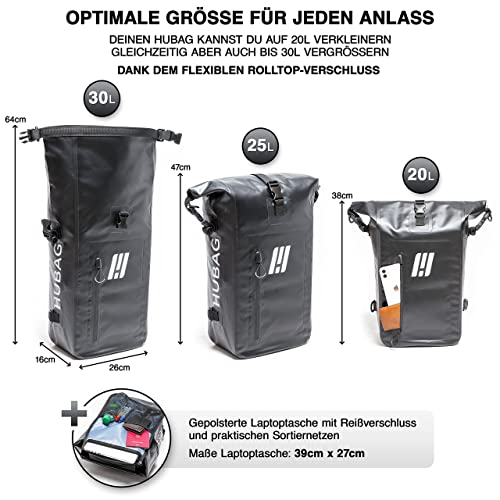 Foto von HUBAG 4in1 Fahrradtasche mit IPX6 Zertifizierung - 25L Groß - Wasserdicht & Reflektierend - Gepäckträgertasche, Fahrrad Rucksack, Umhängetasche und Drybag für Gepäckträger (in Schwarz)