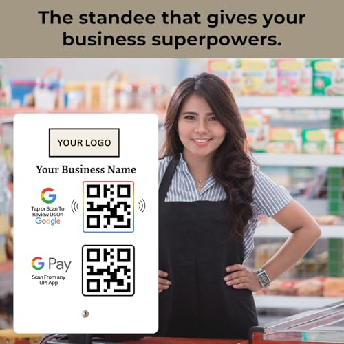 Image of Combo Standee for Review & UPI Payment | NFC Tap-to-Review + QR Code for Payment | Custom Acrylic Stand with Logo & Name | Dual Function Counter Display