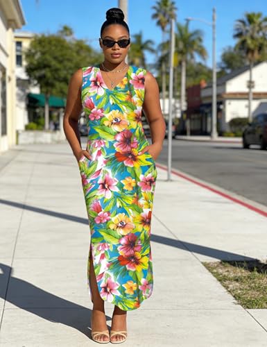 Image of UOUA Women Summer Maxi Dresses Plus Size Casual Hawaiian Sundress Sleeveless Loose Split Beach Dress with Pockets