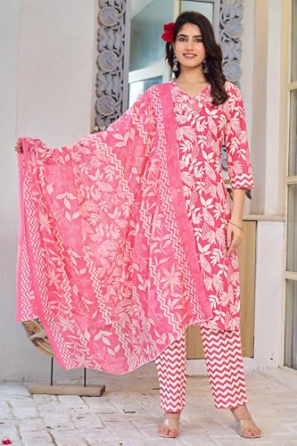 Image of MIRCHI FASHION Women's Straight Fit Pure Cotton Sequins Thread Work Leaf Printed Kurta Set with Dupatta and Trouser