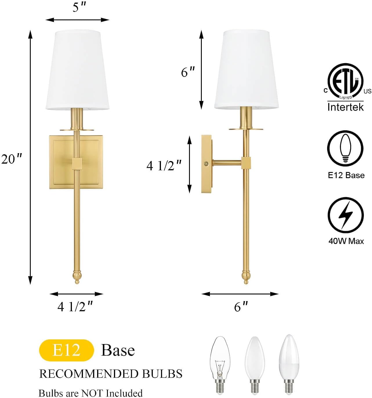 XiNBEi Lighting Brass Wall Sconces Set of 2 Modern Gold Sconce Light Fixture with Fabric Shade Wall Lamp for Bathroom Bedroom Corridor & Living Room XB-W1307-WBS