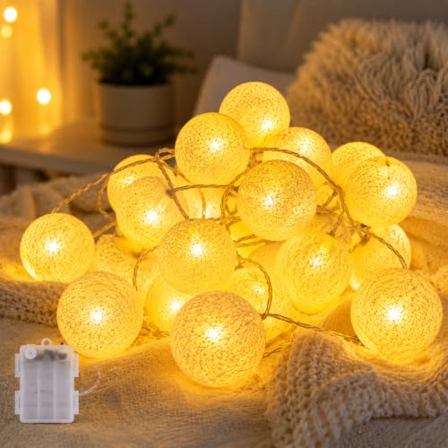 LED Lichterkette Baumwollkugeln Batteriebetrieben 3.3m 20er Cotton Ball Lichterketten Kugeln Nachtlicht für Weihnachten Hochzeit Party Zimmer Wohnheim Innen Deko