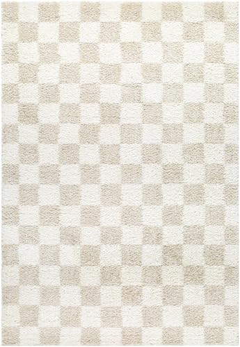 BoutiqueRugs Gallicchio Modern Checkered Shag Area Rug - High Pile Fluffy Shaggy Carpet for Kids Room, Nursery, Living Room, Bedroom - Ivory, Beige, Cream, White - 5'3' x 7'3' (5x7)