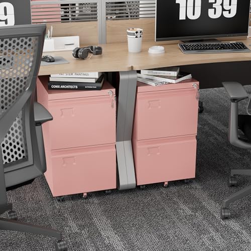 Image of Aobabo Rolling File Cabinet with Lock,2 Drawer Metal Filing Cabinet for Home Office & Under Desk, Heavy-Duty Mobile Storage with 5 Wheels (Anti-Tilt), Fits Letter /Legal,Pink,Required Assembly