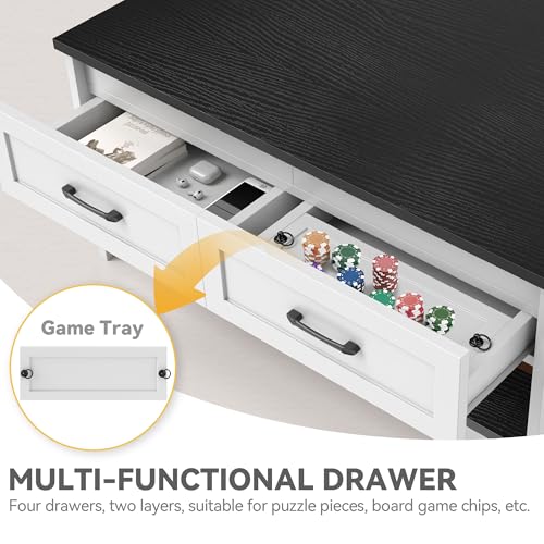 DWVO Farmhouse Living Room Coffee Table: 3-in-1 Game & Puzzle Table with Play Mat, 4 Drawers, Power Outlet, Removable Top Black
