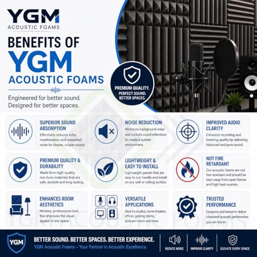 Image of YGM Acoustic Foams Pyramid Acoustic Panels 1 Footx1 Footx2inch Thick, 50 Density Acoustical Sound Proof Foam for Room, Studio, Echo Reduction & Noise Absorption (Black & Red, Set of 108)