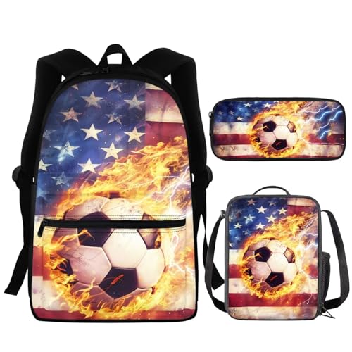 Football Print Boys Backpack and Lunch Bags for School Soccer Bookbag for Kids 8-12 Elementary Primary Middle School Bags Pencil Case Students Satchel Daypack Rucksack
