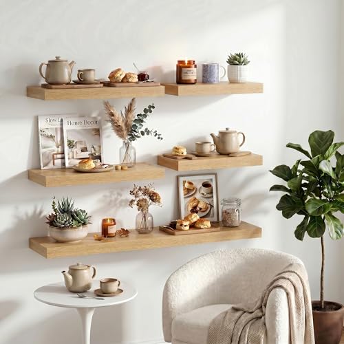 Image of Dreamland 20 inch Floating Shelves for Wall, 12 inch Deep Thicker Floating Shelves, Wall-Mounted Shelves for Bedroom, Living Room, Kitchen, Bathroom, Oak - Set of 2