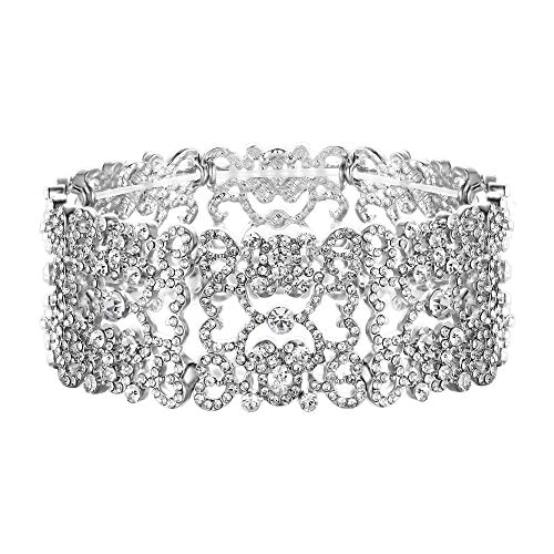 EVER FAITH Women's Austrian Crystal Love Heart Art Deco Bride Stretch Bracelet Clear Silver-Tone