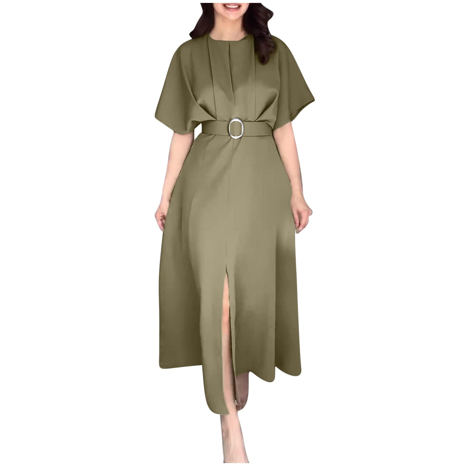 Womens 2024 Business Office Work Professional Dresses Batwing Sleeve Elegant Midi A-line Slit Dress