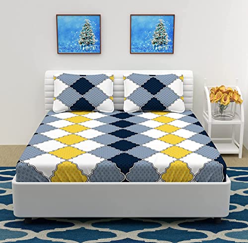 Image of Castiqa Elastic Fitted Supersoft Premium Brushed Cotton 200TC Double Bedsheets King Size 78x72 Inch with 2 Pillow Covers (Fits Upto Mattress of 10 Inches) (White Carpet)