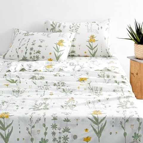 Wake In Cloud - Floral Bed Sheets, 4-Piece Sheet Set, Cute Botanical Shabby Chic Coquette Cottagecore Flower, Soft Microfiber Deep Pocket Bedding, Yellow Green, Full Size Cover