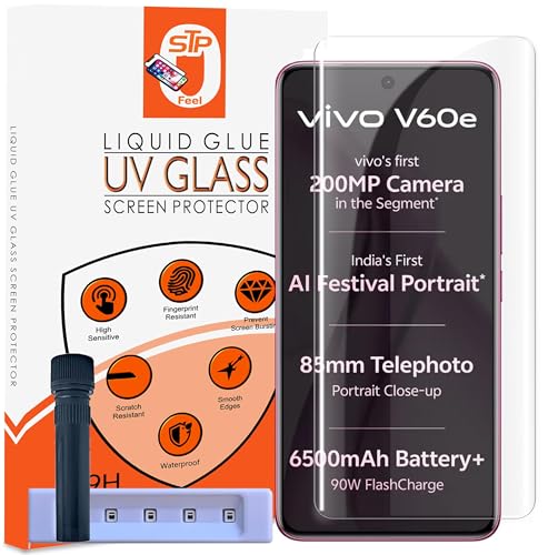 STP FEEL® HD+ UV Tempered Glass Screen Protector Guard Compatible For VIvo V60e 5G (6.77 Inch, Pack of 1) Full Adhesive UV Curved Case Friendly HD+ Clarity with easy installation kit