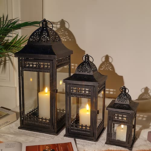 Jhy Design Set Of 3 Decorative Candle Lanterns20&14.5"&9.5" High Vintage Style Hanging Lantern, Metal Candleholder For Indoor Outdoor, Events, Parities And Weddings（Black With Gold Brush） #TOP3