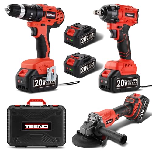 Kit d'outils TEENO 3 pièces (meuleuse d'angle sans balais + clé sans balais + perceuse à percussion) Batterie 20 volts 3 Ah*2, convient pour la voiture et la maison
