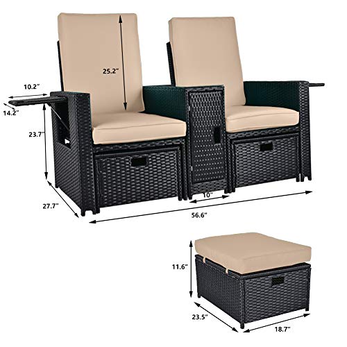 LetGoShop 5PCS Outdoor Wicker Chaise Lounge Chair - Rattan Adjustable Reclining Patio Lounge Chair with Ottoman and Coffee Table, for Patio Beach Pool Backyard (Black Wicker Khaki Cushion)