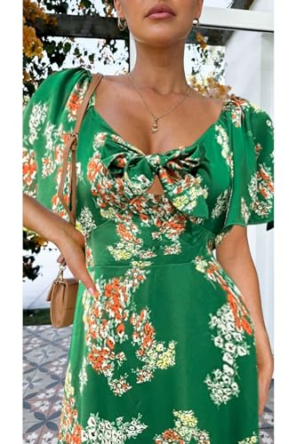 Image of Fashionme Womens Dresses 2026 Maxi Dresses Deep V Neck Elegant Bow Tie Front Cap Sleeve Summer Floral Satin Smocked Dress